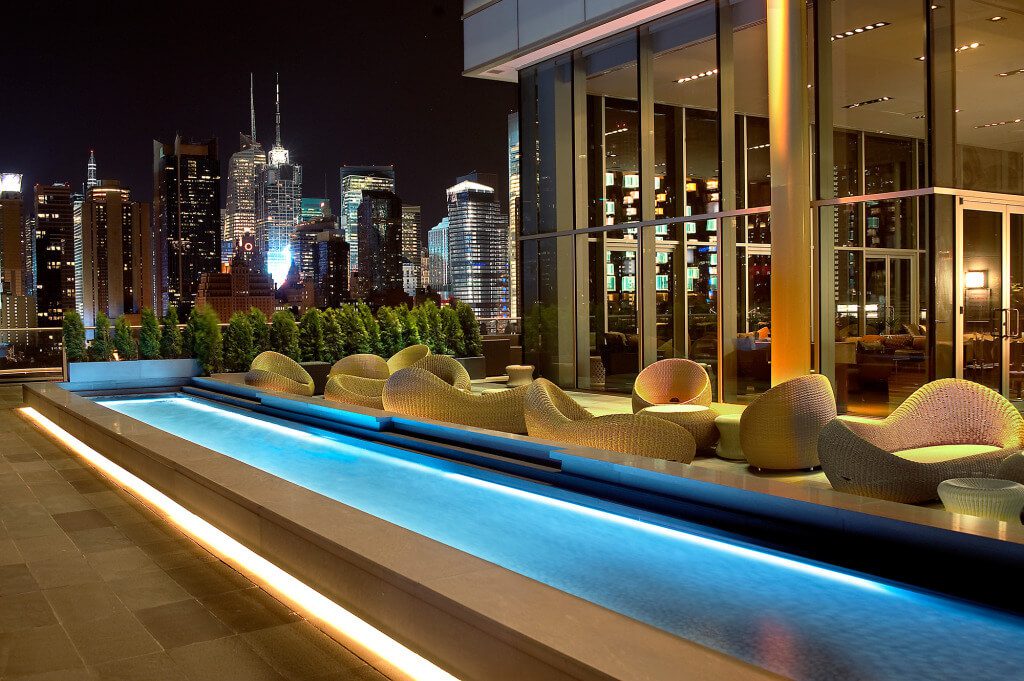 Reflecting pool at night at The Press Lounge.