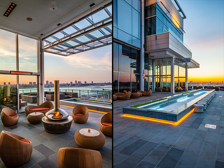 Composite of Sun Room with fire orb and the reflecting pool at sunset.