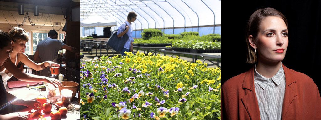 Composite of Meghan portrait, at work, and in a greenhouse.