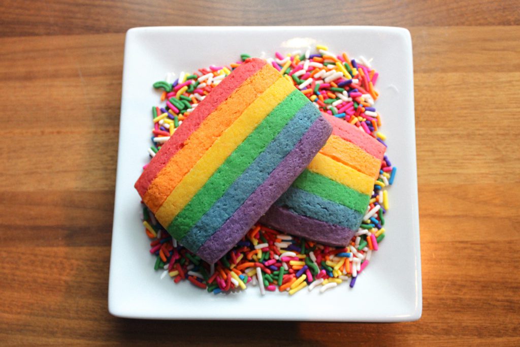 Rectangular rainbow cookies.