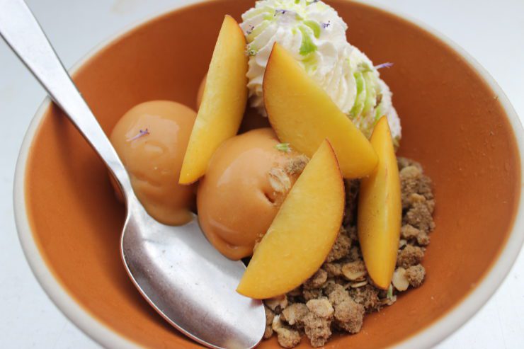 Peach sherbet sundae with Rise Oat crumble.